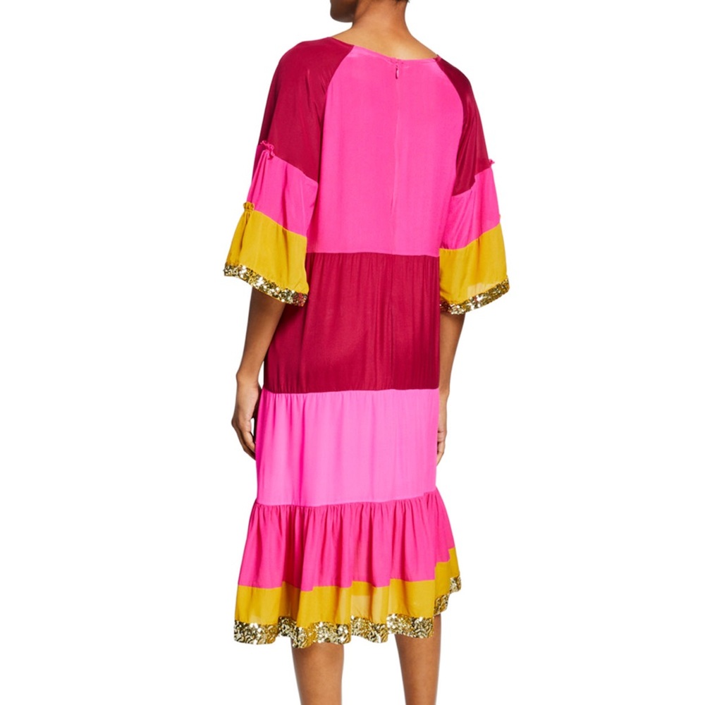 NWT Figue  Silk Crepe Colorblock Gold Sequin  Trim Midi Dress Bohemian Gypsy - Picture 8 of 16